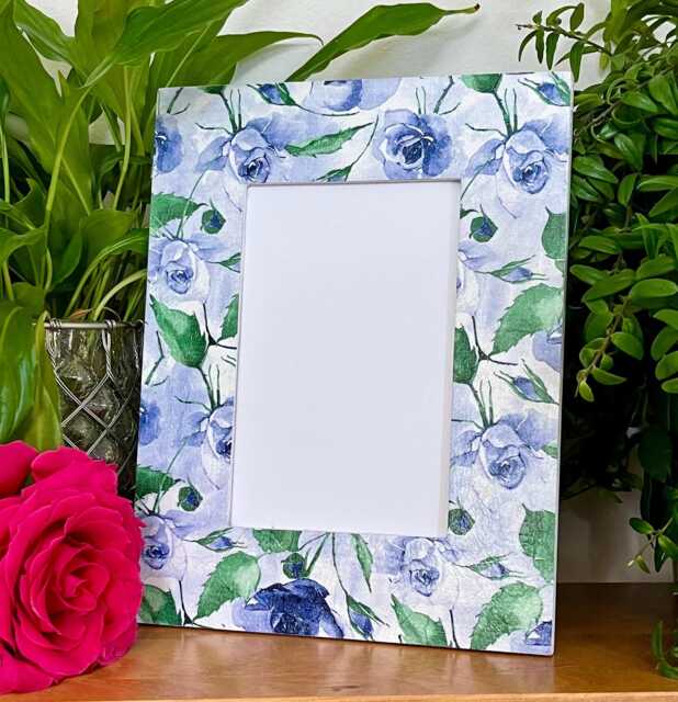 Blue Rose Flowers Decoupaged Photo Frame, Shabby Chic Home Decor, Drift Wood Floral Frame - image 1