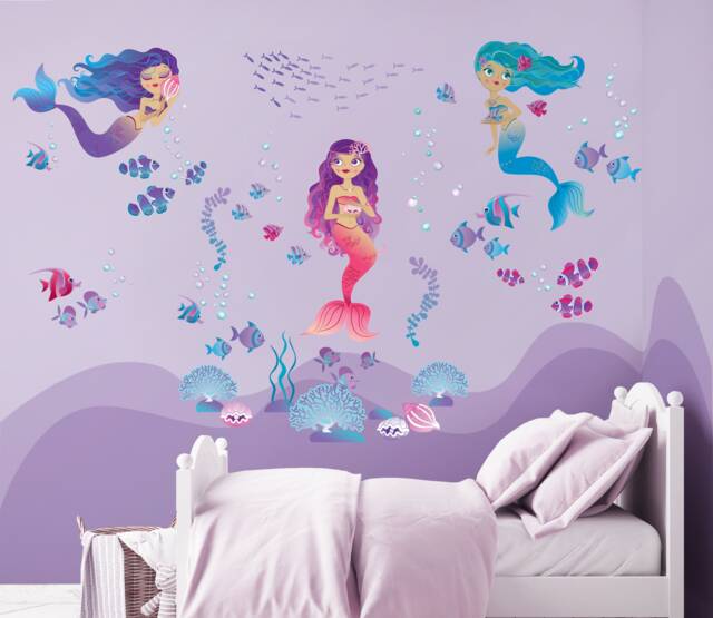 Mermaids Repositionable Fabric Wall Decal For Nursery Or Girl's Room, Eco Friendly Sticker, Mermaid Room Decor, Underwater - image 1