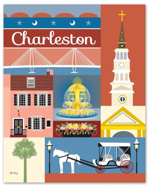 Charleston Sc Art, Map, Charelston Sc Skyline Print, Rainbow Row Art - Style E8-O-Charl - image 1