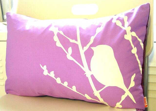 Lavender Bird Pillow Silkscreened Cherry Blossom Branch, Maroon Back - image 1