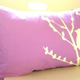 Lavender Bird Pillow Silkscreened Cherry Blossom Branch, Maroon Back - thumbnail 3