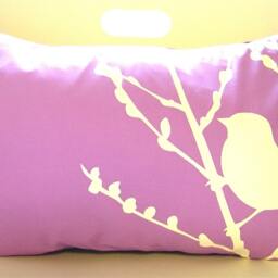 Lavender Bird Pillow Silkscreened Cherry Blossom Branch, Maroon Back - thumbnail 2