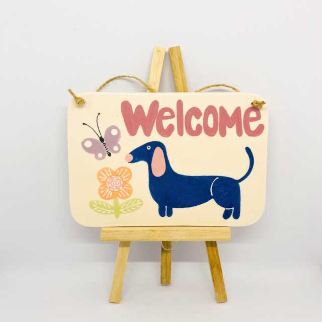 Handmade Ceramic Wall Hanging Tile Hand-Painted Dachshund & Flower Design, Home Decor, Handcrafted Pottery - image 1