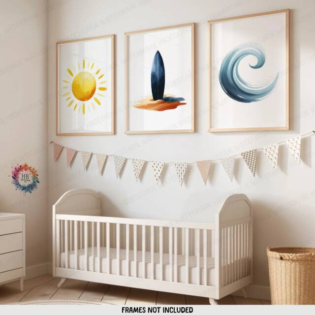 Surfing Print Set - 3 Posters - Surfer Wall Art Kids Surf Nursery Decor Ocean Artwork Illustration Surfboard Wave Bedroom Prints - image 1