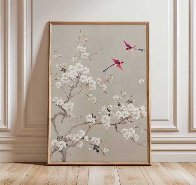 Cherry Blossom Wall Art Print - Asian Inspired Floral Poster, Minimalist Bird Artwork, Elegant Botanical Decor For Living Room Or Bedroom - image 1