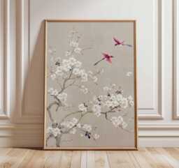 Cherry Blossom Wall Art Print - Asian Inspired Floral Poster, Minimalist Bird Artwork, Elegant Botanical Decor For Living Room Or Bedroom - thumbnail 1