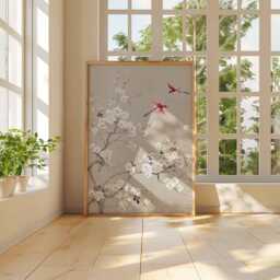 Cherry Blossom Wall Art Print - Asian Inspired Floral Poster, Minimalist Bird Artwork, Elegant Botanical Decor For Living Room Or Bedroom - thumbnail 4