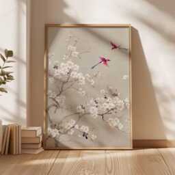 Cherry Blossom Wall Art Print - Asian Inspired Floral Poster, Minimalist Bird Artwork, Elegant Botanical Decor For Living Room Or Bedroom - thumbnail 2