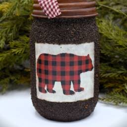 "Buffalo Plaid Bear Themed Soap Dispenser, Grubby Mason Jar With Pump, Rustic Cabin Decor, ""Bear" - thumbnail 2