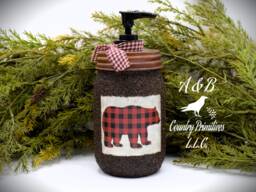 "Buffalo Plaid Bear Themed Soap Dispenser, Grubby Mason Jar With Pump, Rustic Cabin Decor, ""Bear"
