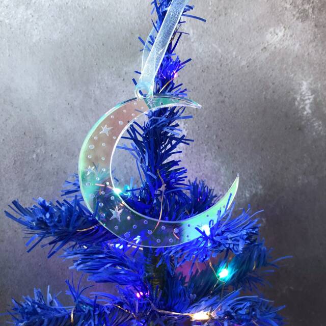 Crescent Moon Christmas Ornament, Iridescent Acrylic Festive Tree Decoration, Witchy Christmas Bauble, Stars & Yule Decor - image 1