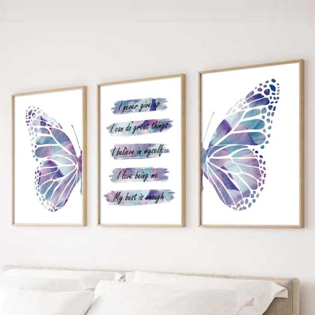 Purple Butterfly Affirmation Prints Girls Bedroom Wall Art - Set Of 3 - image 1