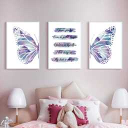 Purple Butterfly Affirmation Prints Girls Bedroom Wall Art - Set Of 3 - thumbnail 3