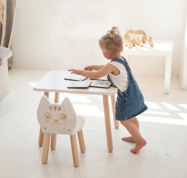 Beech Wood Kids Table & Chair Set, Cat Ear Design - image 1