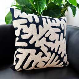 Hand Tufted Punch Needle Pillow Cover Psychedelic Black & Beige Cushion - thumbnail 2