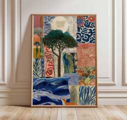 Tree Collage Art Print, Nature Wall Poster, Moonlight Landscape Artwork, Modern Boho Botanical Decor, Ocean Forest Print - thumbnail 1