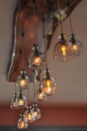 The Big Sur - Live Edge Chandelier Recycled Glass Bottle Ceiling Fixture Hanging Pendant Light Farmhouse Decor Beach House Light