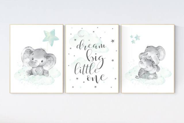 Elephant Nursery Art Print Mint Cloud & Stars Decor - image 1