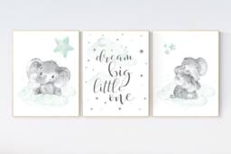 Elephant Nursery Art Print Mint Cloud & Stars Decor - thumbnail 1