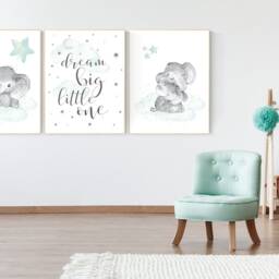 Elephant Nursery Art Print Mint Cloud & Stars Decor - thumbnail 2