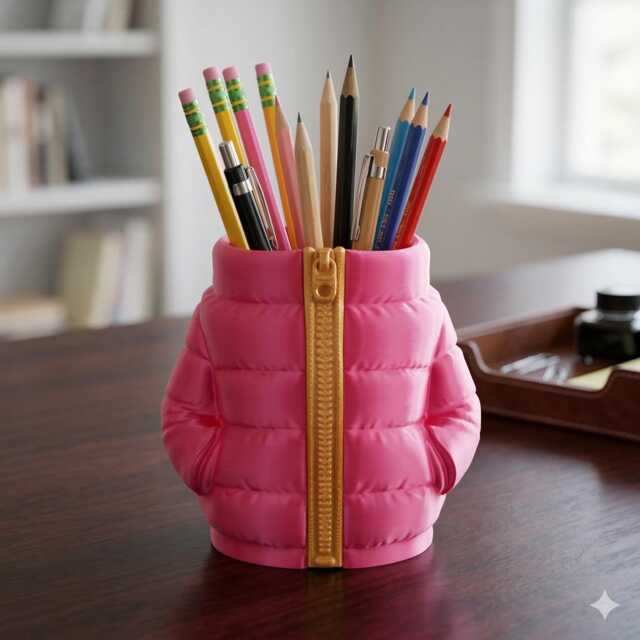 Pink Puffer Jacket Pen Pot - 3D Printed Desk Organizer, Office Decor - image 1