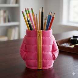 Pink Puffer Jacket Pen Pot - 3D Printed Desk Organizer, Office Decor - thumbnail 1