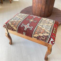 Vintage Carpet Stool, Beech Wood Ottoman, Handmade in Istanbul - thumbnail 3