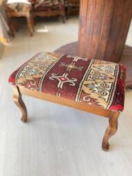 Vintage Carpet Stool, Beech Wood Ottoman, Handmade in Istanbul