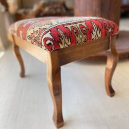 Vintage Carpet Stool, Beech Wood Ottoman, Handmade in Istanbul - thumbnail 2