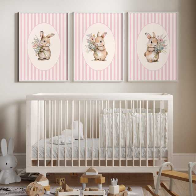 Set Of 3 Pink Bunny Nursery Prints, Baby Girls Room Wall Art - image 1
