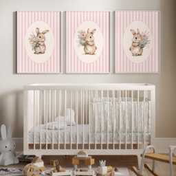 Set Of 3 Pink Bunny Nursery Prints, Baby Girls Room Wall Art - thumbnail 1