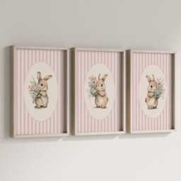 Set Of 3 Pink Bunny Nursery Prints, Baby Girls Room Wall Art - thumbnail 3