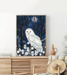 A2 A3 Large White Barn Owl Art Print - Spirit Night Blue Whimsical Art Celestial Dreamy Wildlife Wall Moon - thumbnail 1