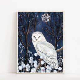 A2 A3 Large White Barn Owl Art Print - Spirit Night Blue Whimsical Art Celestial Dreamy Wildlife Wall Moon - thumbnail 3