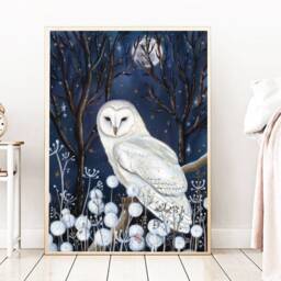 A2 A3 Large White Barn Owl Art Print - Spirit Night Blue Whimsical Art Celestial Dreamy Wildlife Wall Moon - thumbnail 4