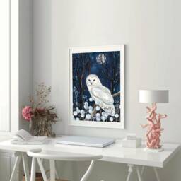 A2 A3 Large White Barn Owl Art Print - Spirit Night Blue Whimsical Art Celestial Dreamy Wildlife Wall Moon - thumbnail 2