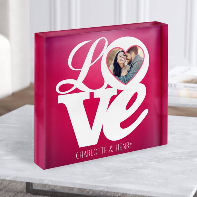 Love Word Pink Photo Frame Romantic Gift Personalised Square Acrylic Block - Gift, Keepsake Custom - image 1
