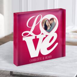 Love Word Pink Photo Frame Romantic Gift Personalised Square Acrylic Block - Gift, Keepsake Custom