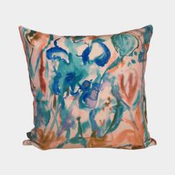 Abstract Floral Velvet Cushion - Peach + Turquoise - thumbnail 1