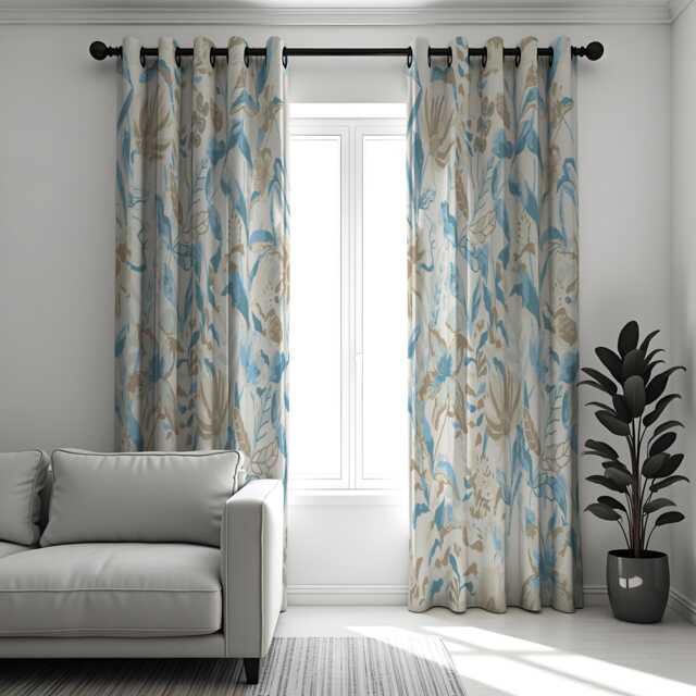 Blue Beige Floral Curtains, Modern Botanical Print Drapes, Soft Neutral Window Panels, Custom Made To Measure Curtains - image 1