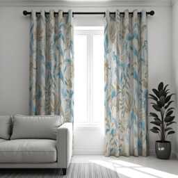 Blue Beige Floral Curtains, Modern Botanical Print Drapes, Soft Neutral Window Panels, Custom Made To Measure Curtains