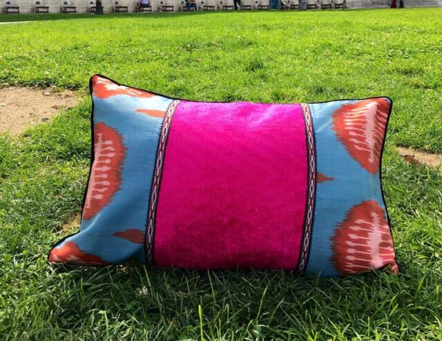 Pink Ikat Pillow Cover For Accent Throw Cushions - Uzbek Silk & Velvet Pattern - image 1