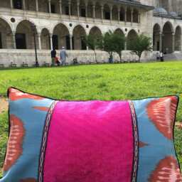 Pink Ikat Pillow Cover For Accent Throw Cushions - Uzbek Silk & Velvet Pattern - thumbnail 2