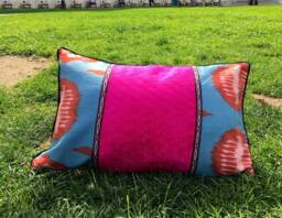 Pink Ikat Pillow Cover For Accent Throw Cushions - Uzbek Silk & Velvet Pattern - thumbnail 1