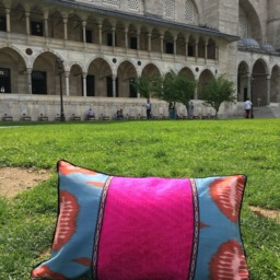Pink Ikat Pillow Cover For Accent Throw Cushions - Uzbek Silk & Velvet Pattern - thumbnail 4