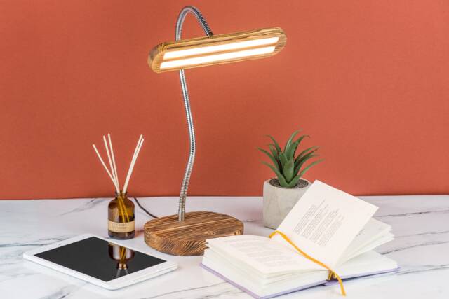 Wooden Led Desk Lamp Touch Dimmer, Usb Charger, Flexible Goose Neck - image 1