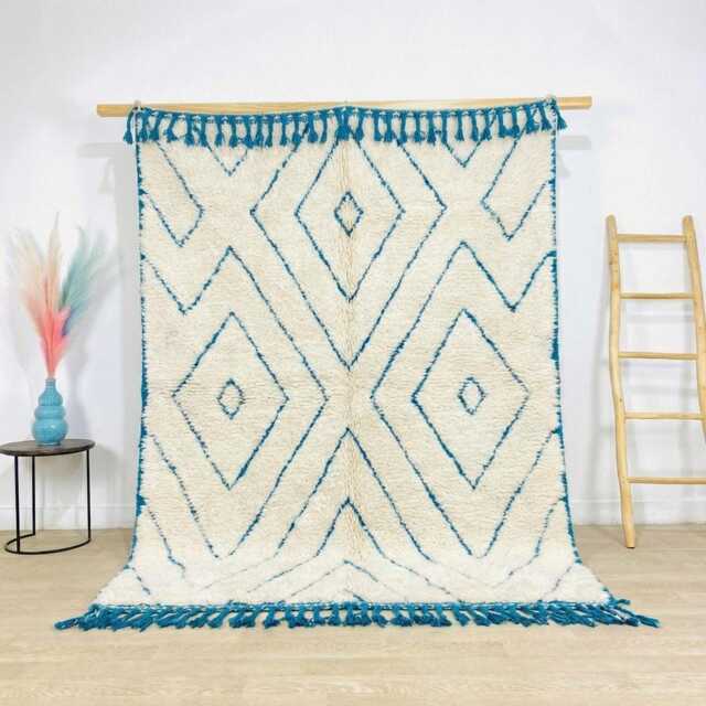 Hand Tufted Ivory & Blue Moroccan Berber Rug, White Wool Shag Boho Nursery Authentic Beni Ourain Carpet, Large 9x12 Area Rug - image 1