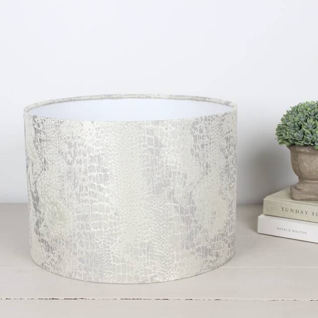 Serpentine Ivory White & Silver Faux Snakeskin Fabric Drum Lampshade