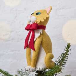 Orange Cat Tree Topper, Handmade Christmas Topper With Red Bow, Festive Kitty Decor, Holiday Gift For Lovers, Whimsical Pet Keepsake - thumbnail 3