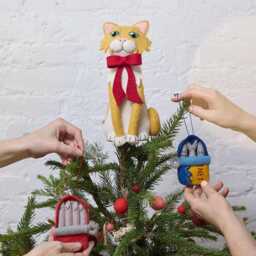 Orange Cat Tree Topper, Handmade Christmas Topper With Red Bow, Festive Kitty Decor, Holiday Gift For Lovers, Whimsical Pet Keepsake - thumbnail 2